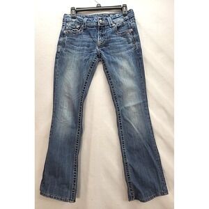 Miss Me Jeans Low Rise Med Wash Boot Cut Hemmed Sz 29 Rhinestone JE8018BL 29X30